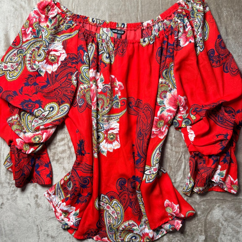 Unique Spectrum Womens 1X Red Paisley Floral Blouse Ruffle Sleeve Boho Summer